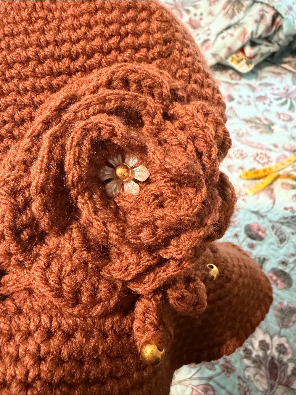 Handmade Crochet Flower Bucket Hat in Rust Orange